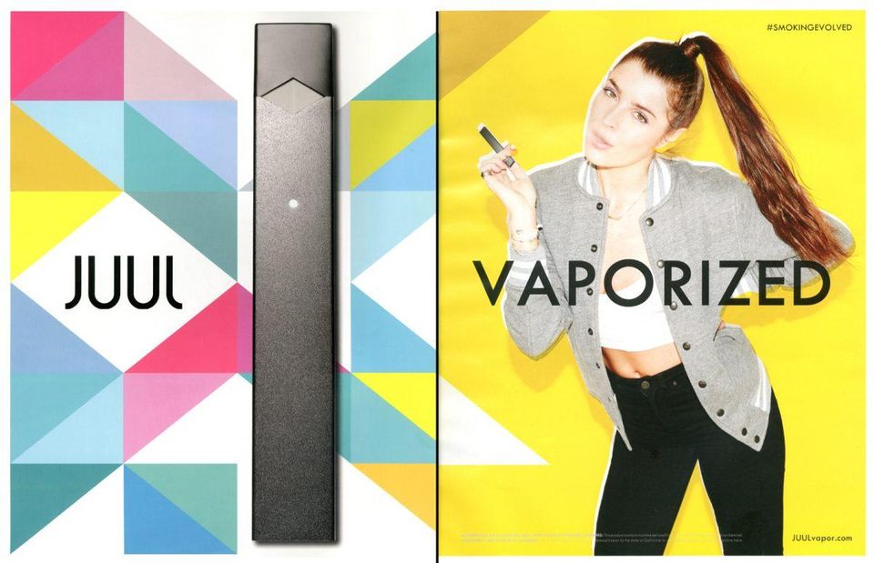Juul advertisement featuring young woman vaping
