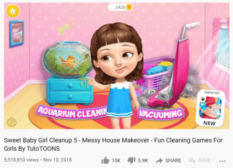 Girl character stands in front of a messy room, inviting other girls to help her clean.