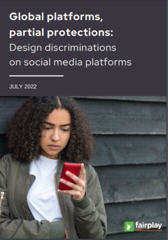 Young person with long curly hair and red phone looks seriously at phone. Text says "Global platforms, partial protections"
