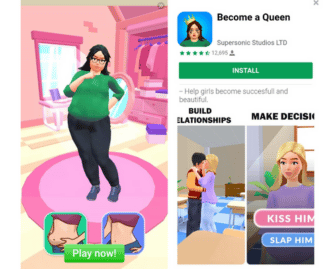 Screen shots from game "Become a Queen" show woman in green tshirt looking sad, with options to lose weight and kiss or slap men to become "successful and beautiful"