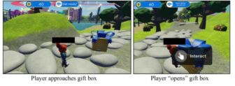a gift box (brown with blue ribbon) sits on a rocky path in a video game