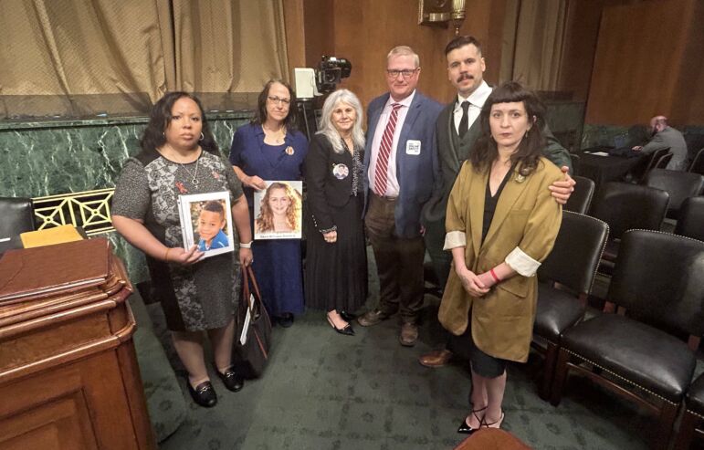 From L: Survivor parents Mia Minor, Christine McComas, Maurine Molak, and Brian Montgomery meet with Meta whistleblowers Jason Sattizahn and Cayce Savage after a Senate Judiciary subcommittee hearing on Sept. 9, 2025.