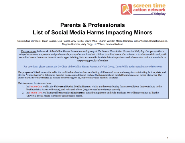 Parents & Professionals List of Social Media Harms Impacting Minors